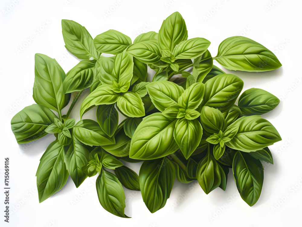 A bunch of basil leaves on a white background