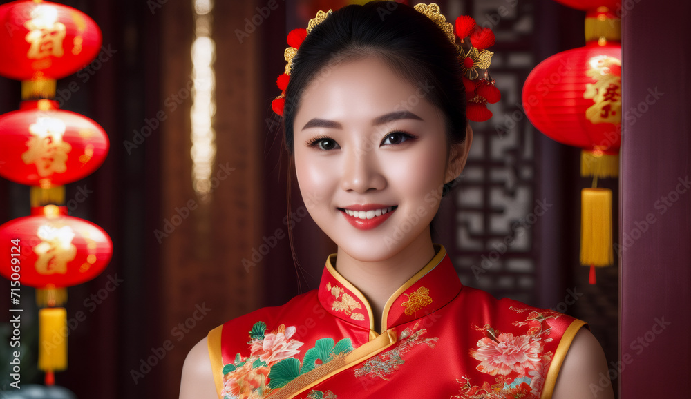 asian portrait a beautiful girl , women wearing a cheongsam, chinese new year's eve, asian girl in traditional suit, chinese new year background asian portrait a beautiful girl , women wearing a cheongsam, chinese new year's eve, asian girl in traditional suit, chinese new year background