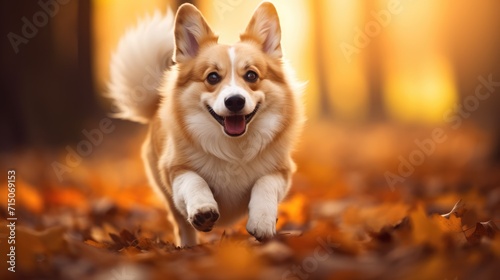 Funny and crazy welsh corgi. Corgi dog on blurred autumn background