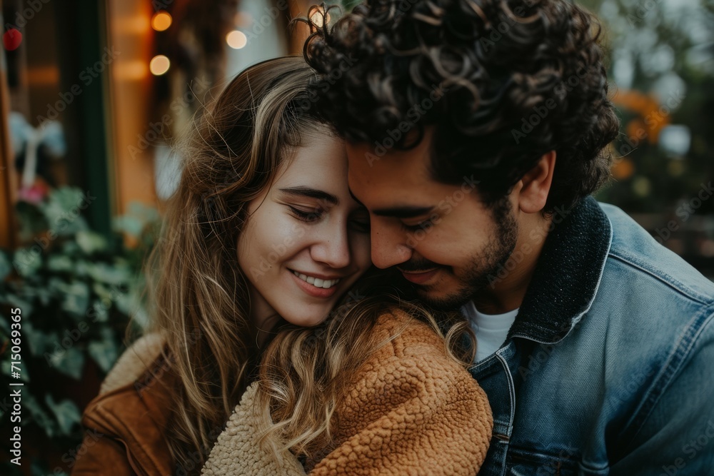 Fototapeta premium Beautiful romantic couple is having rest in the city. Enjoying the company of each other.