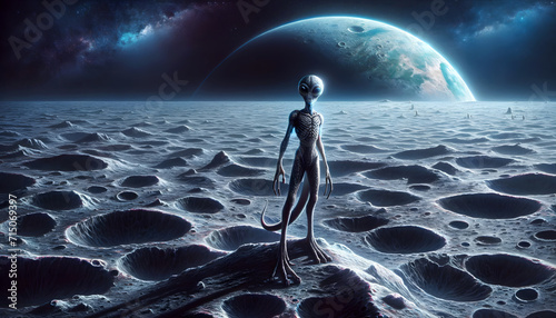 An alien standing on the moon's surface, with the Earth visible in the distant sky