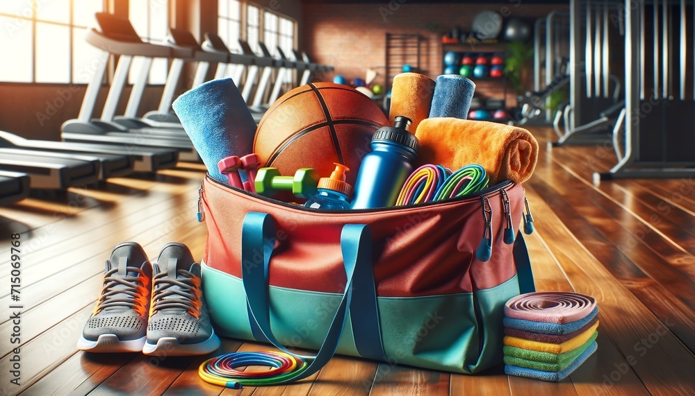 gym gym bag with towels and sports equipment