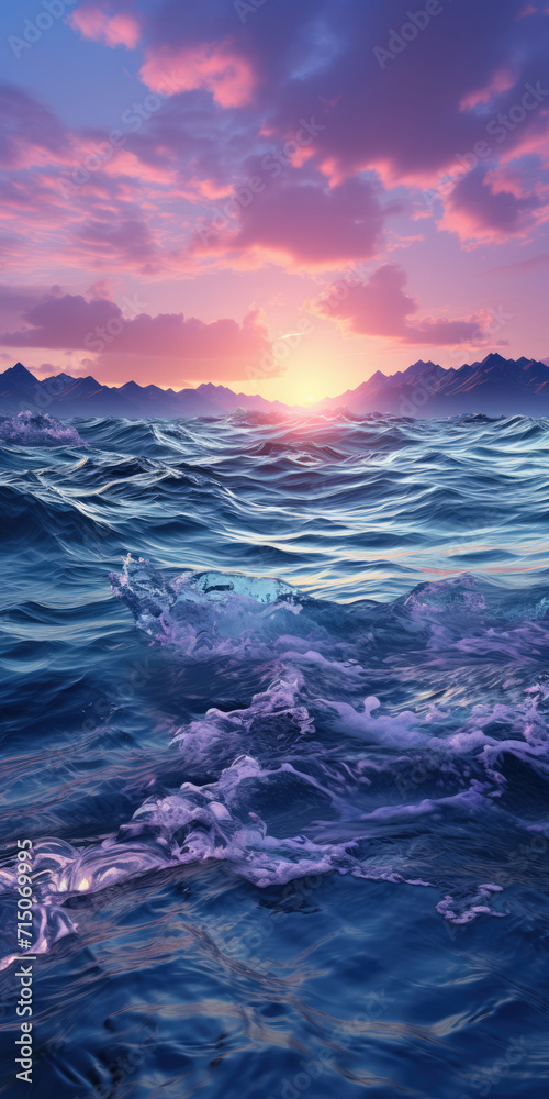 Violet ocean. Pink sunset reflected in the sea waves. Red clouds over the sea at sunset. AI generated