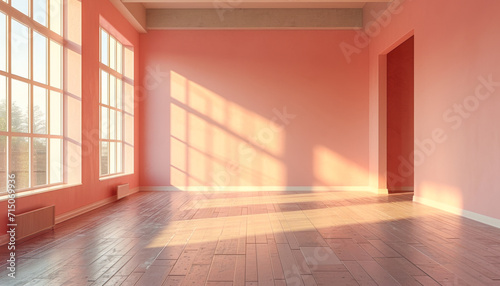 Spacious room with terracotta walls  tiled floor  and sunlight through windows
