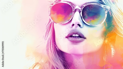 Woman Wearing Sunglasses on Colorful Background Generative AI
