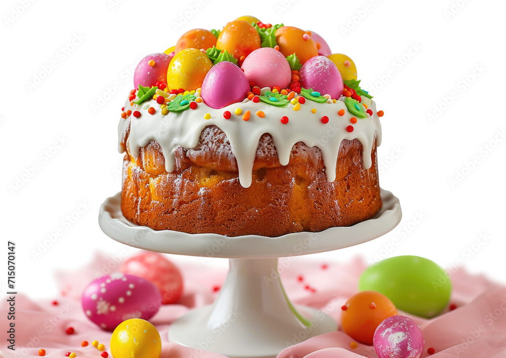 Easter cake adorned with pastel eggs and icing, with scattered eggs around. Easter cake adorned with pastel eggs and icing, with scattered eggs around.