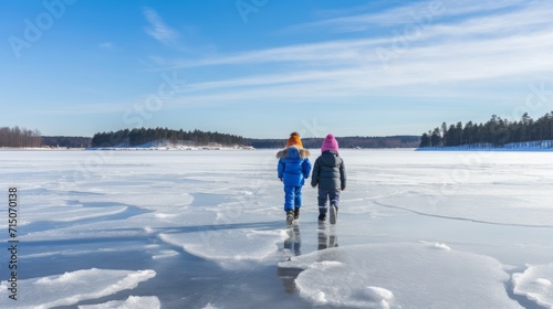 Two children walking on thin dangerous ice on small frozen lake. 