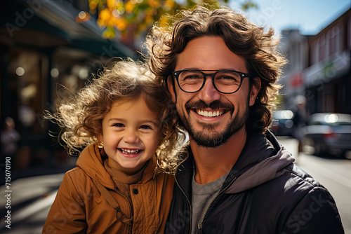 Young man with glasses and beard smiles with little girl with curly hair. They are outside on city street. © sommersby