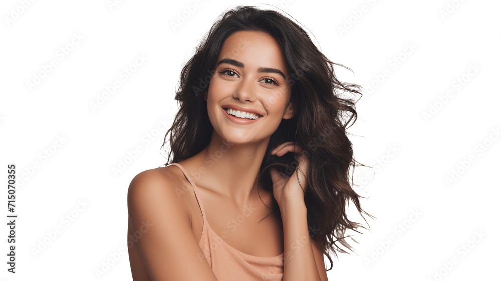 portrait brunette woman laughing isolated against transparent background - obrazy, fototapety, plakaty 