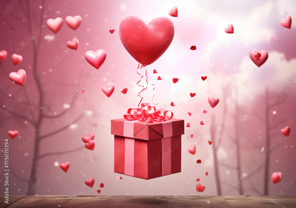 A valentine's day card with a gift box floating in the air 
