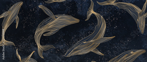 Luxury art background with hand drawn whales in golden line style. Abstract vector banner for wallpaper design, decor, print, pattern.