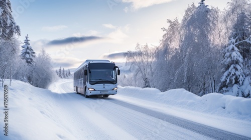 Coach driving on very snowy country Road  © David