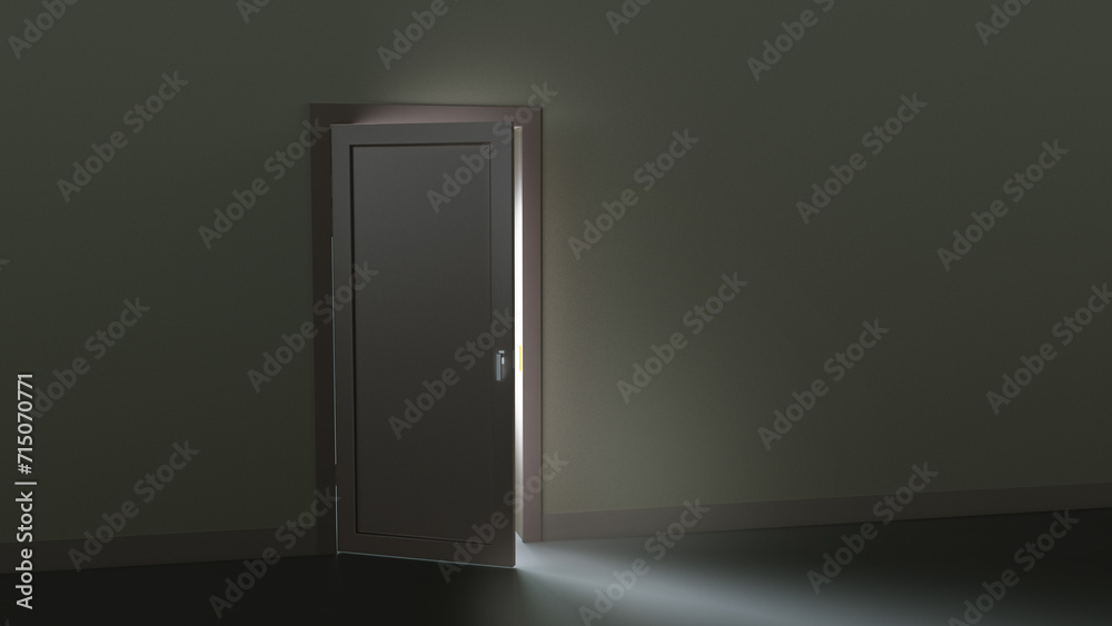 3D illustration а bright light shines from a slightly open door in the darkness.
3D illustration а bright light shines from a slightly open door in the darkness.