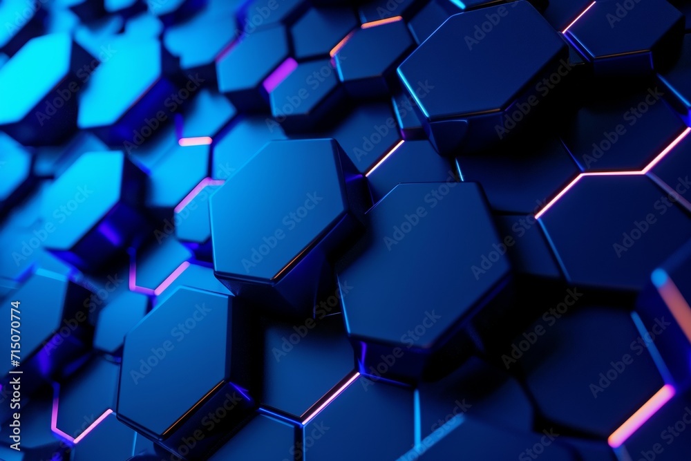 Abstract dark background with purple luminous hexagons, technology, neon Abstract dark background with purple luminous hexagons, technology, neon