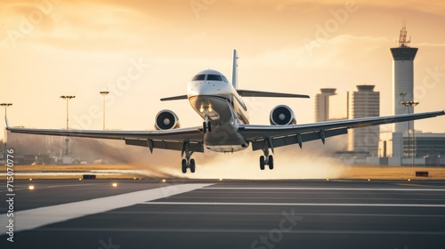 Large private jet, taking off from busy City Airport at sunset 