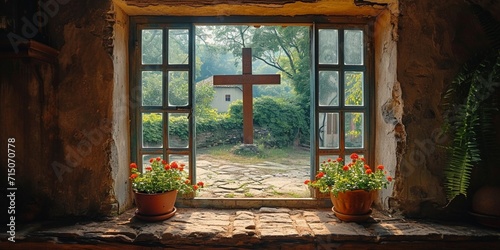 view from the window of the Catholic cross  generative ai.