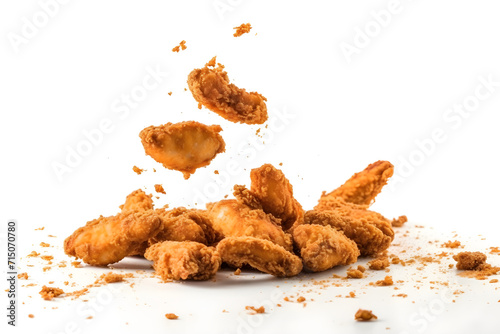 fried chicken wings falling down forming a heap, white background