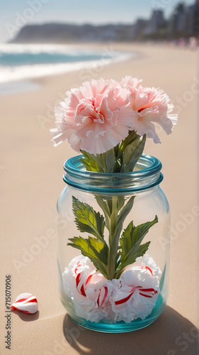 A Captivating Peppermint Carnation Flower Jar Amidst Beach Serenity AI GENERATED