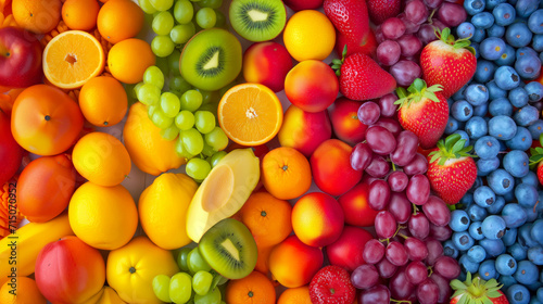 A spectrum of fruits arranged to create a rainbow of colors