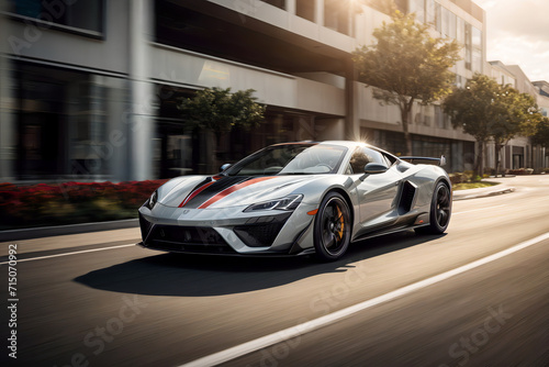 A gray supercar with two red stripes, reflecting the golden sunlight on Its structure  © Alexander