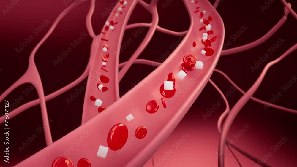 Many veins with red blood cells and sugar flowing inside. 3D animation of sugar cubes and blood cells moving through many arteries causing raised blood sugar.