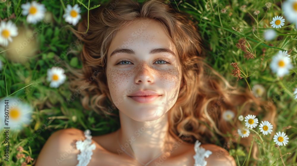 Young woman with freckles and curly hair resting in a field of wild daisies Young woman with freckles and curly hair resting in a field of wild daisies