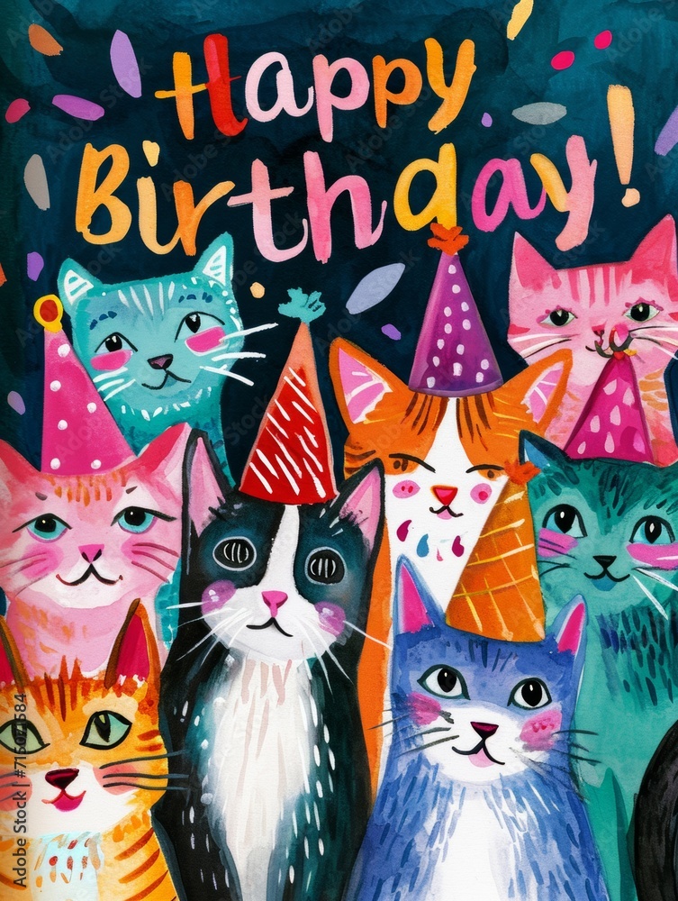 Hand drawn happy birthday card with funny cats with birthday cap and lettering Happy Birthday. Vector illustration. Hand drawn happy birthday card with funny cats with birthday cap and lettering Happy Birthday. Vector illustration.