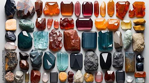 Collection of various gemstones and minerals neatly laid out on a white background. Top view. photo
