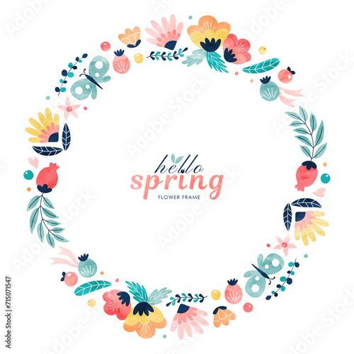 春の花の丸フレーム 水彩の植物と蝶のカラフルな飾り枠