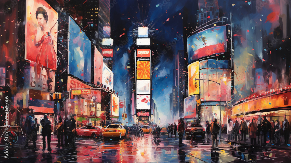 
A dynamic and vivid scene depicting the grand New Year's Eve festivities in Times Square, Manhattan, New York, showcasing the energetic crowd, the mesmerizing ball drop.