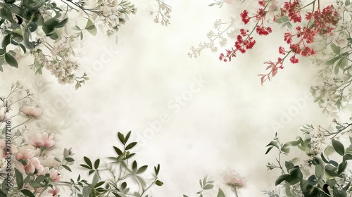Top view of a minimalistic arrangement of leaves, branches, flowers and berries forming a rectangular frame, offering a subtle and textured frame for text or promotional content. Background