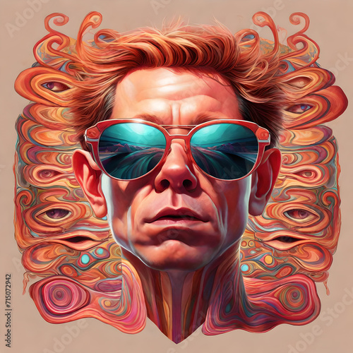 portrait cartoon caricature of a male wearing sunglasses  in the style of extreme Surrealism. suitable for an album cover