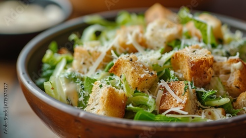 Crisp Caesar salad with croutons and parmesan in a rustic bowl