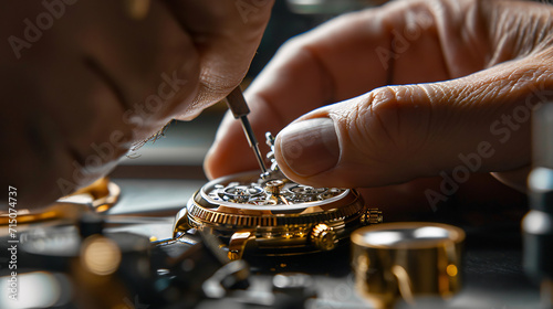 Precision watchmaking close-up. Macro shot with detail focus. Design for craftsmanship, luxury watch advertisement, and intricate timepiece assembly 