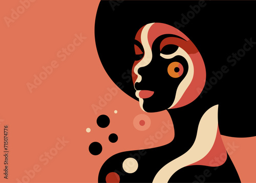Minimalist Black History Month abstract portrait of a celebrates the beauty and strength of a black woman, graphic shapes, vibrant African colors, flat minimalist illustration