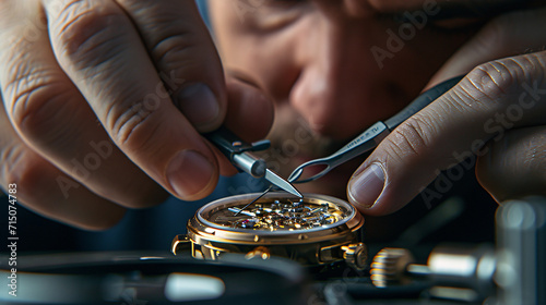 Artisanal watchmaker repairing a luxury timepiece. Close-up photography. Design for skilled craftsmanship, horological art, and precision mechanics concept
 photo