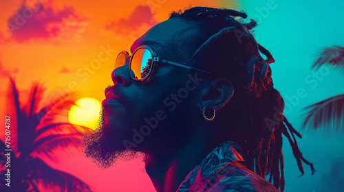 Afro American man with dreadlocks wearing sunglasses, Afro-Colombian reggae theme, sunset with neon lights, orange and blue. Double lightning.  photo