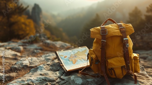 A classic yellow backpack with retro flair, beside an open map of Europe, against a backdrop of a blurred mountain range photo