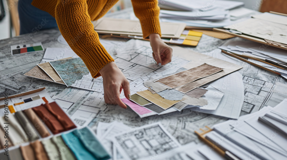 © Alexey - Designer analyzing color palettes and textures on architectural plans. Close-up photography. Design for interior planning, material selection, and construction strategy concept © Alexey - Designer analyzing color palettes and textures on architectural plans. Close-up photography. Design for interior planning, material selection, and construction strategy concept