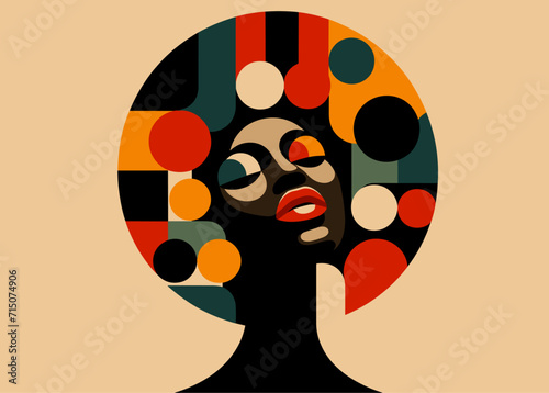 Minimalist Black History Month abstract portrait of a celebrates the beauty and strength of a black woman, graphic shapes, vibrant African colors, flat minimalist illustration