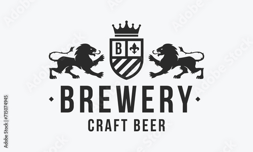 Heraldic Beer label. Vintage Craft Beer logo with heraldic lions silhouettes. Beer Crest with grunge texture. Poster design for bar, pub, restaurant. Vector illustration