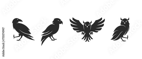 Birds logo set. Raven, Parrot and Owl signs. Vector illustration photo