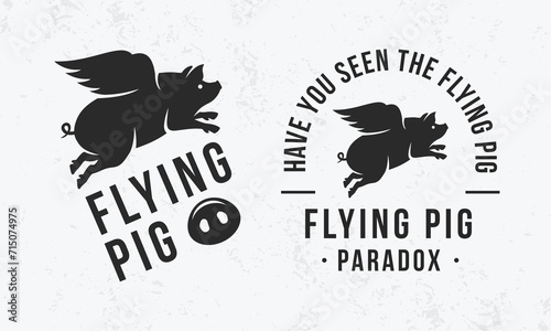 Flying Pig vintage label, logo. Funny emblem with grunge texture. Flying Pig vintage icon. Hipster design. Print for T-shirt. Vector illustration
