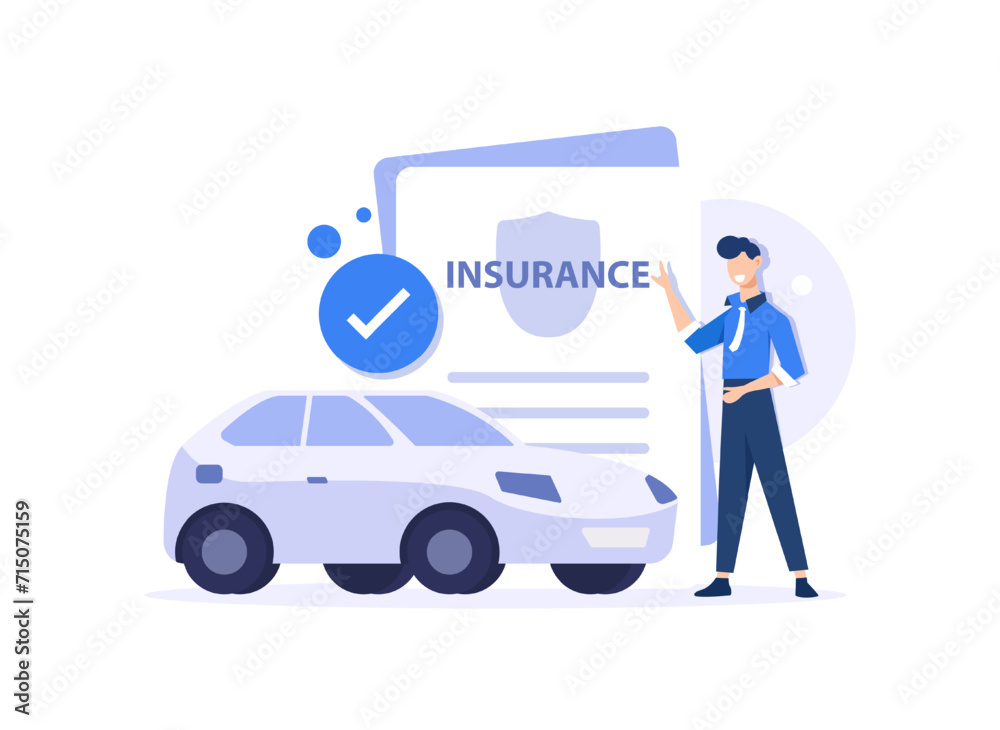 Insurance policy concept.Document report with shield and car,Character buying or renting car and signing full coverage insurance policy Insurance policy concept.Document report with shield and car,Character buying or renting car and signing full coverage insurance policy