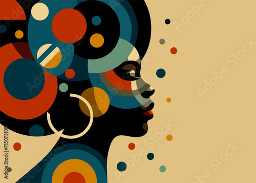 Minimalist Black History Month abstract portrait of a celebrates the beauty and strength of a black woman, graphic shapes, vibrant African colors, flat minimalist illustration