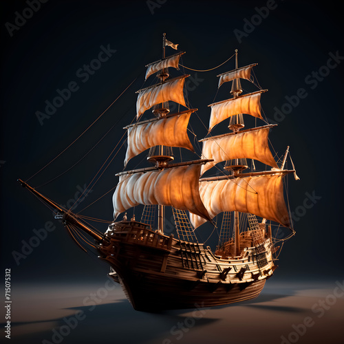 ancient wooden transport ship with white sails medieval