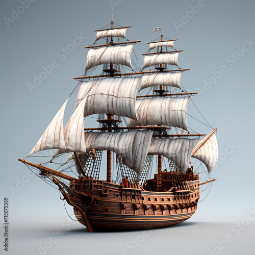 ancient wooden ship with white sails.