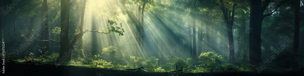 Beautiful rays of sunlight in a green forest background