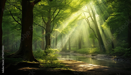 Beautiful rays of sunlight in a green forest background