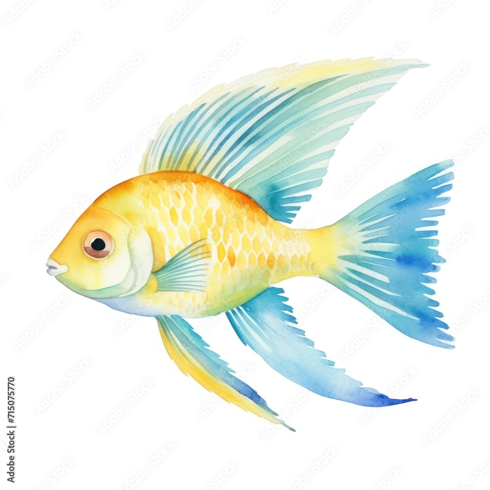 A yellow and blue fish with a white background.